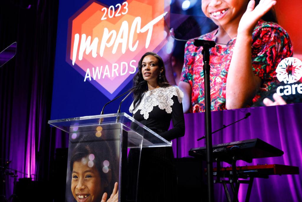 Aurora James speaks onstage during the CARE Impact Awards 2023 