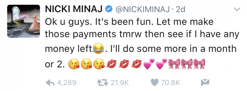 Tweet by @nickiminaj with respect to education debt of fans