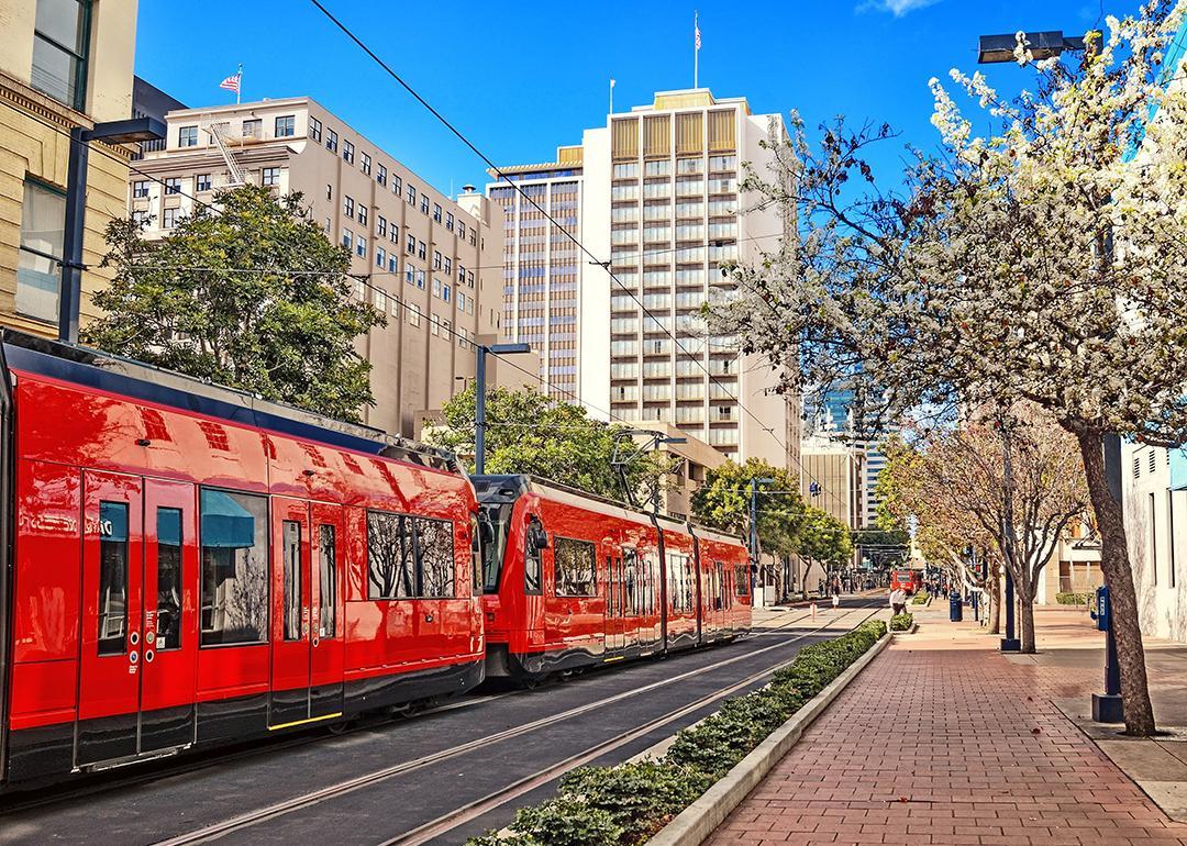 A train passes in Downtown San Diego