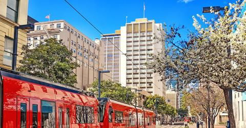 A train passes in Downtown San Diego