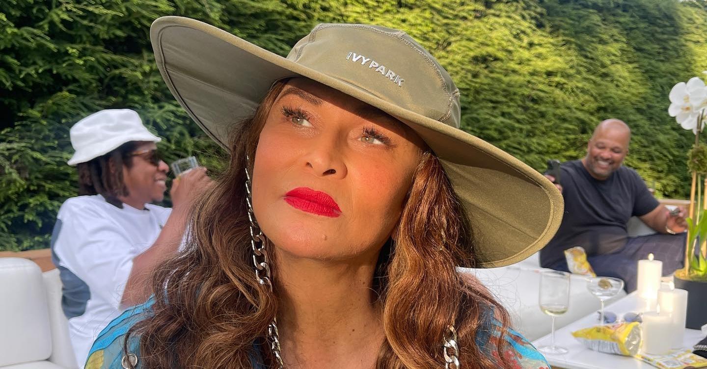 Tina Knowles poses in an Ivy Park hat.